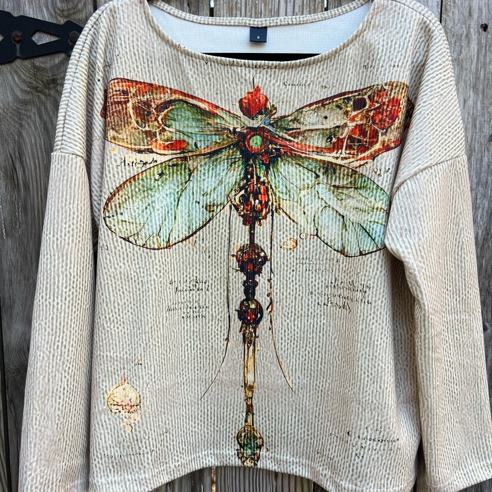 DRAGONFLY Long-Sleeve Gold Tan Shirt Top Women’s Small
